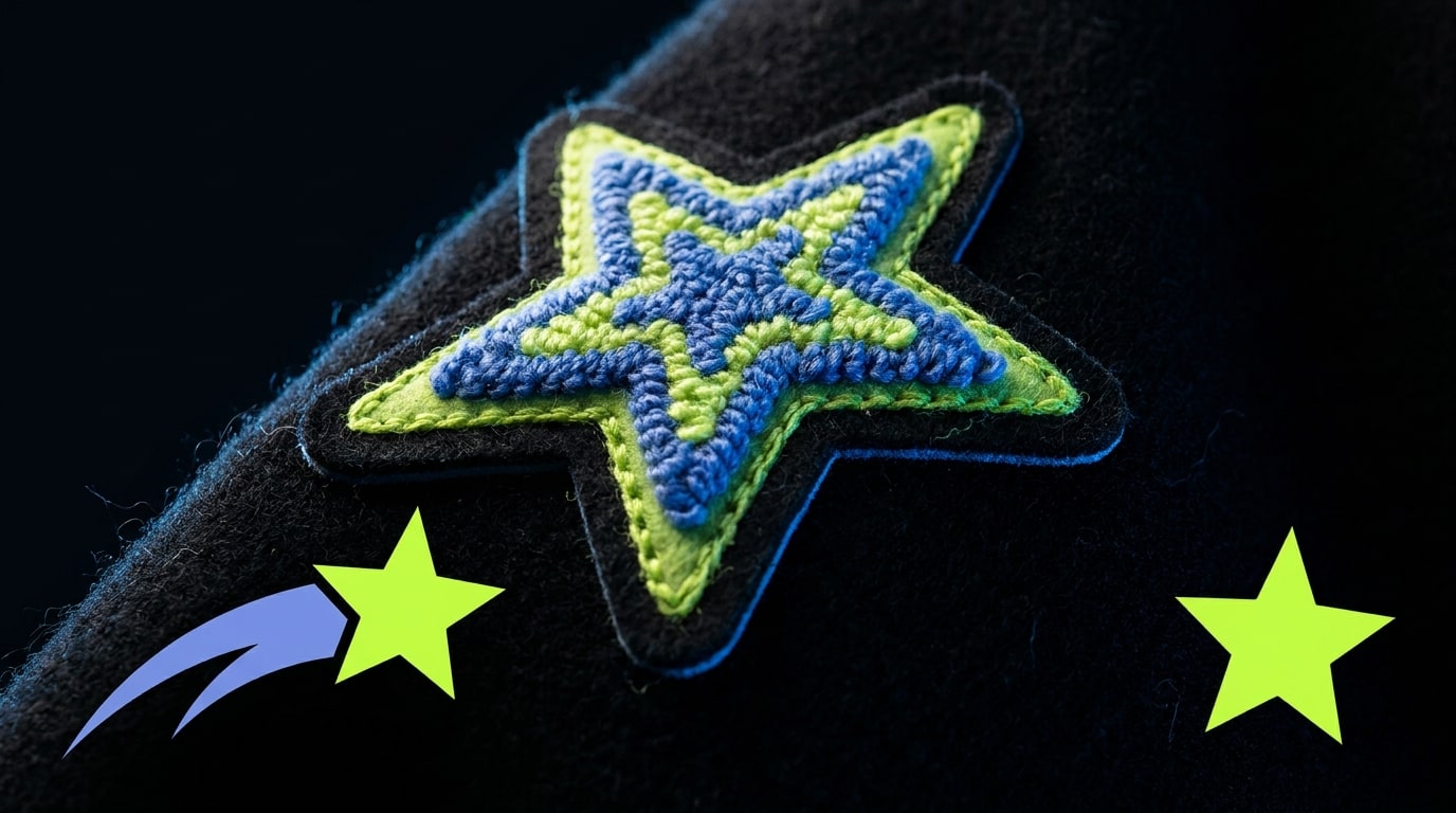 Close-up of a lime-green chenille lightning-bolt patch embroidered on a black wool NILAgent varsity jacket, cream leather sleeve edge in soft background